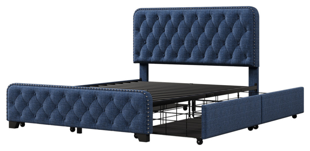 Metal Platform Bed with Headboard, Upholstered and 4-Drawer, Blue, 78.7" X 58.3"