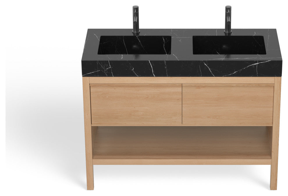 Shoji Bath Vanity, Whitewash Oak, 48", Double Sink, Freestanding