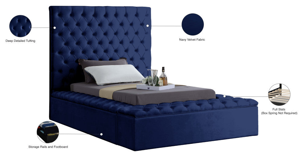 Bliss Velvet Upholstered  Bed, Navy, Twin