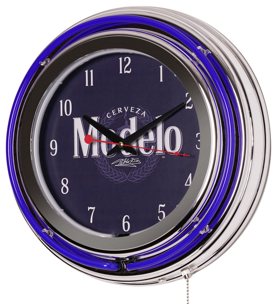Modelo Retro Round Neon Wall Analog Clock with Pull Chain - 14.5"