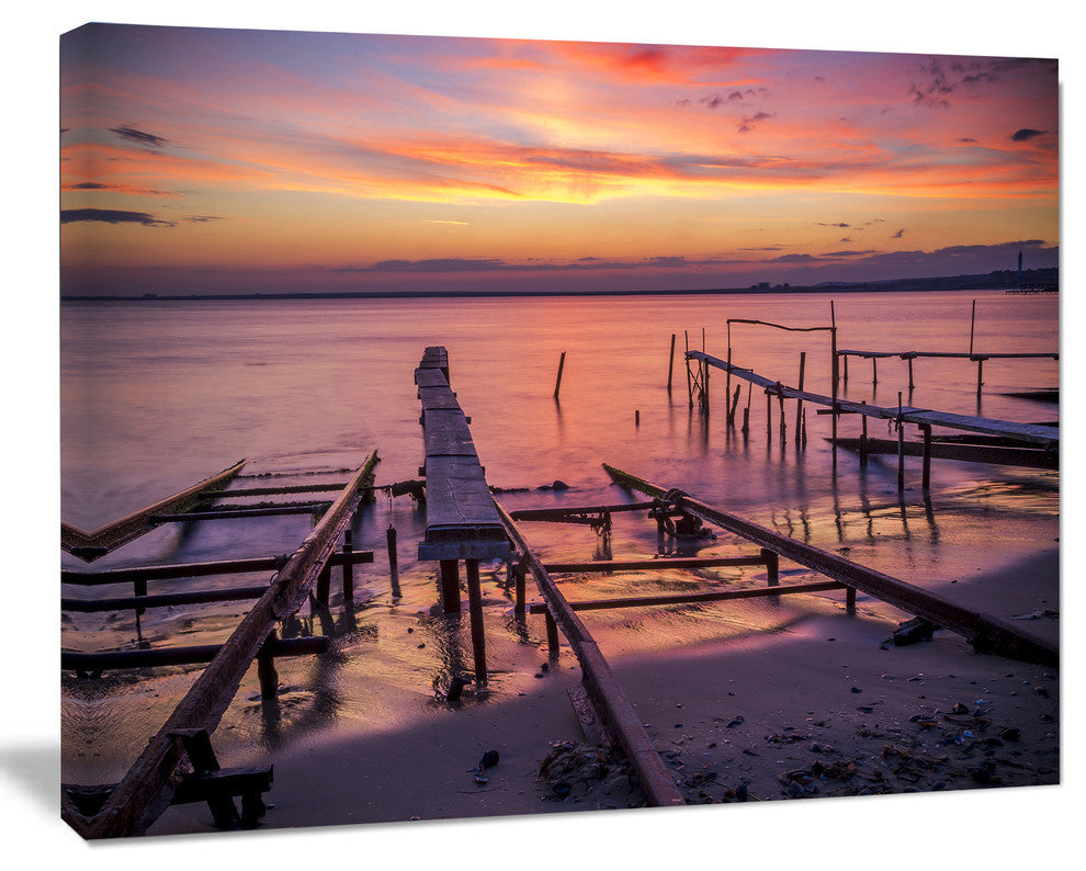 Fishing Pier in Sea at Sunset, Seashore Canvas Art Print, 40"x30"