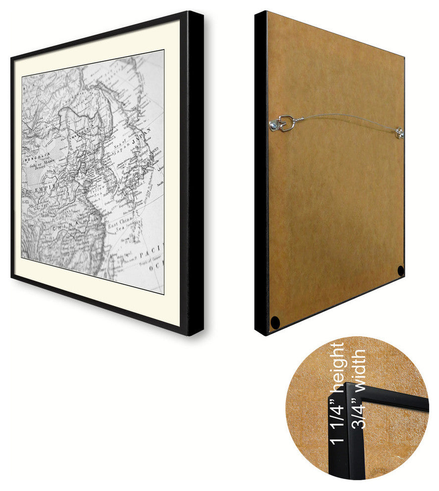 Europe, Asia Vintage Map Print On Canvas With Black Custom Frame, 28" X 37"