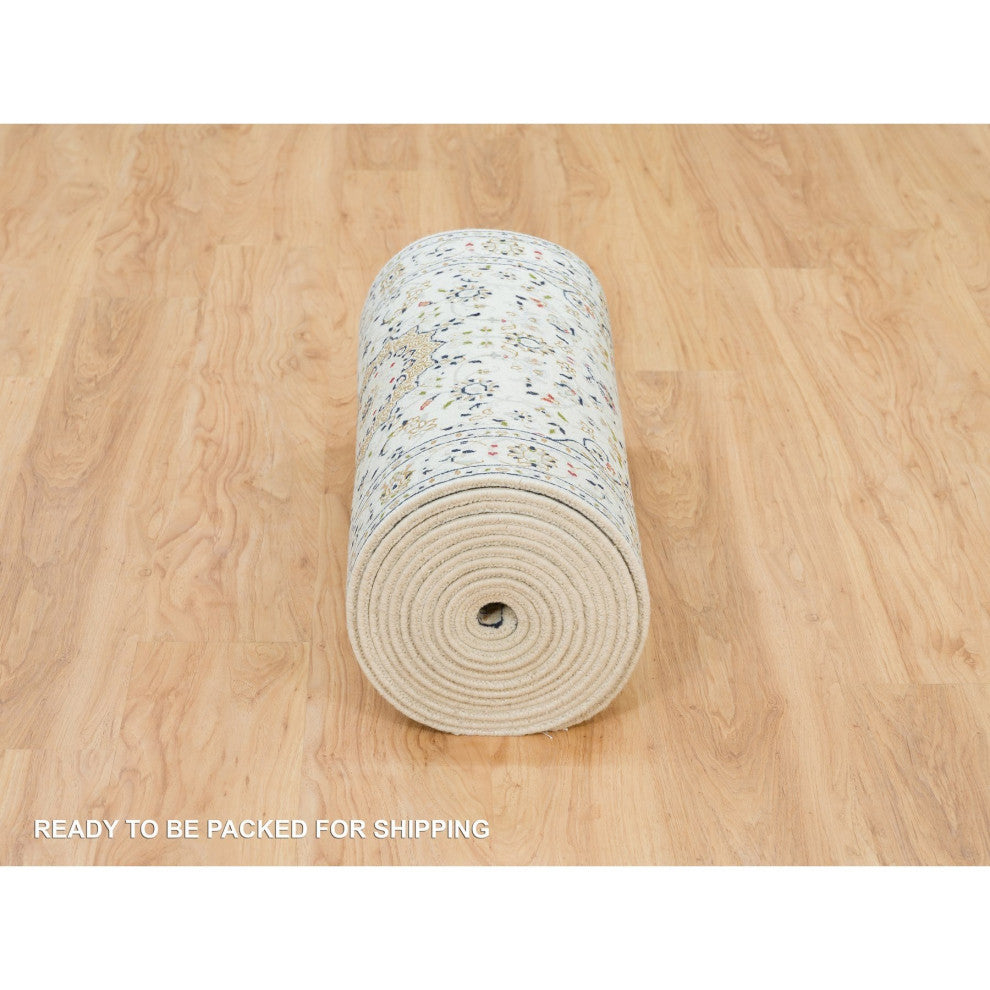 White, Hand Knotted, Nain Design, 250 KPSI 100% Wool XL Runner Rug, 2'6"x22'9"