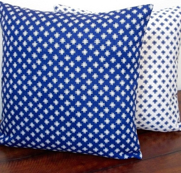 Geometric Crosshatch Indigo Blue Linen Reversible 20x20 Throw Pillow