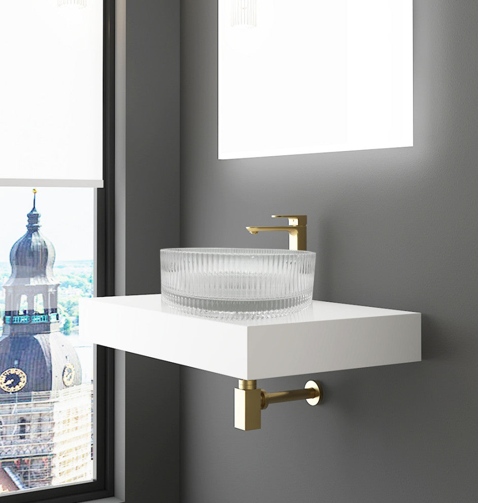 CastelloUSA Cowrie Tempered Glass Crystal Round Bathroom Vessel Sink, Clear, 16"