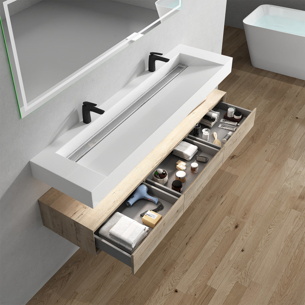 Alysa 72" Floating Bath Vanity, Acrylic Sink/Double Faucet Hole, Light Oak