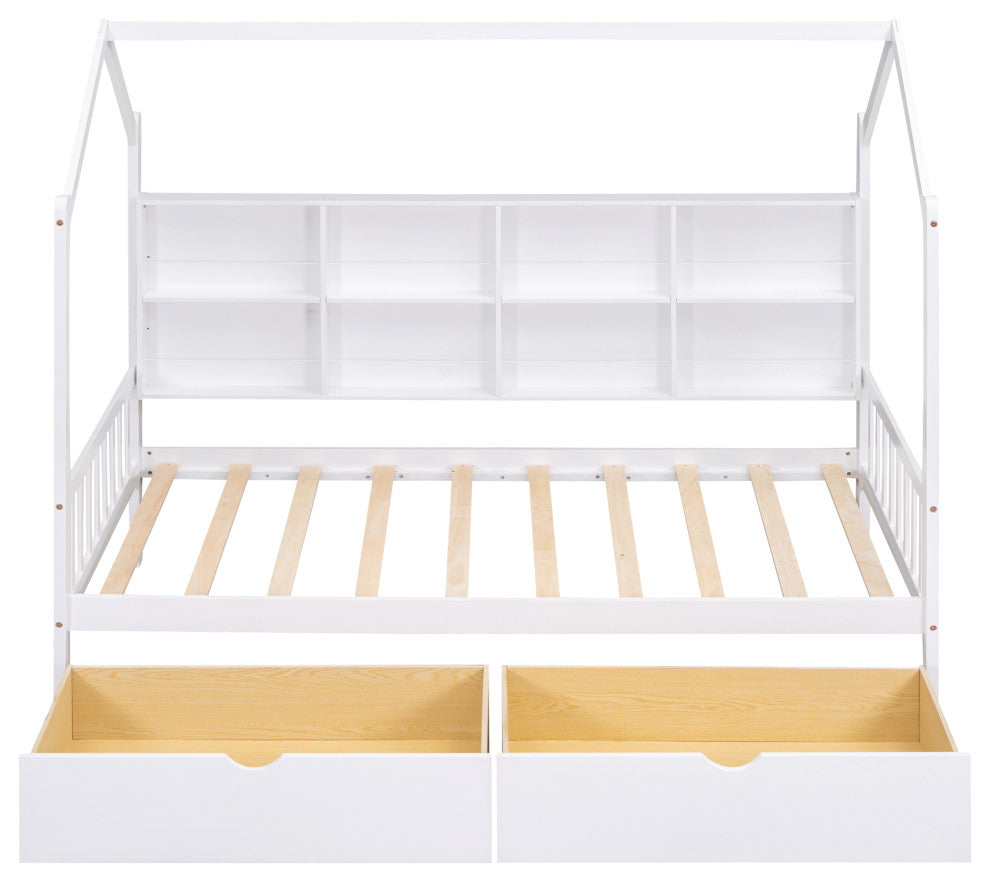 Gewnee Wood Twin Size House Bed with Drawers for Kids in White