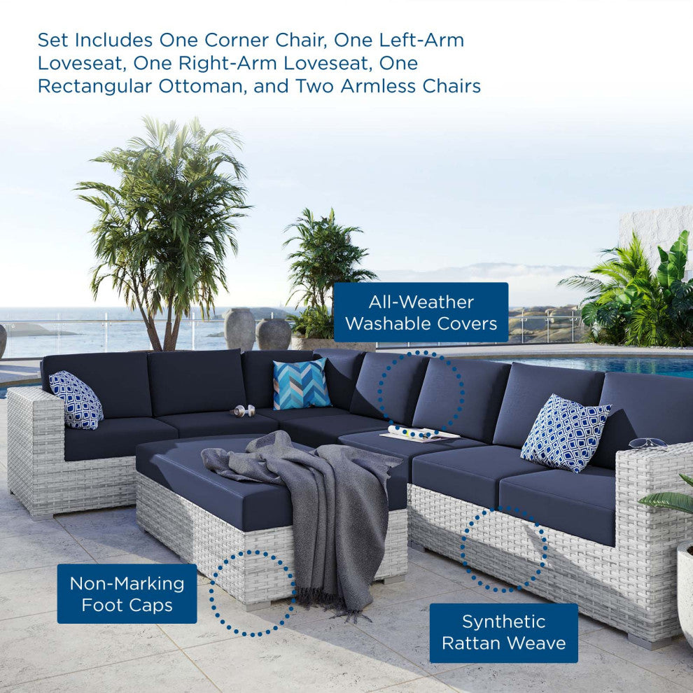 Lounge Sectional Sofa Chair Set, Rattan, Wicker, Gray Blue Navy, Outdoor