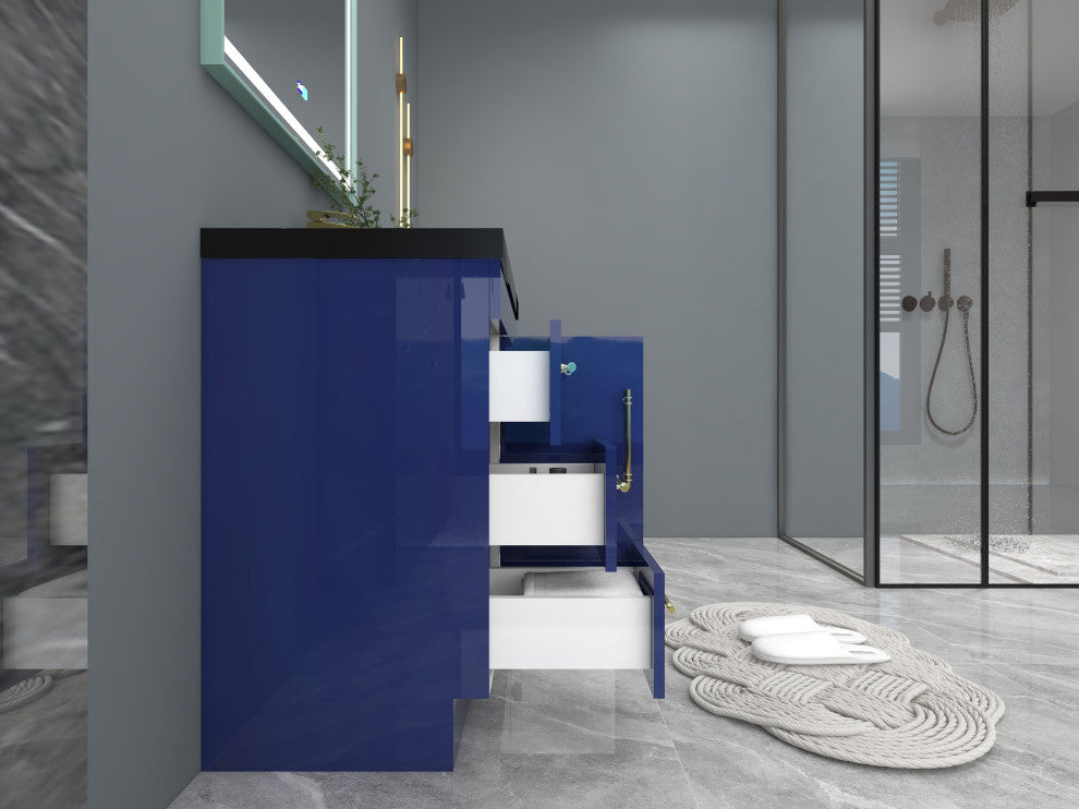 Rosa 36" Free Standing Modern Vanity, High Gloss Night Blue, Matt Black Top
