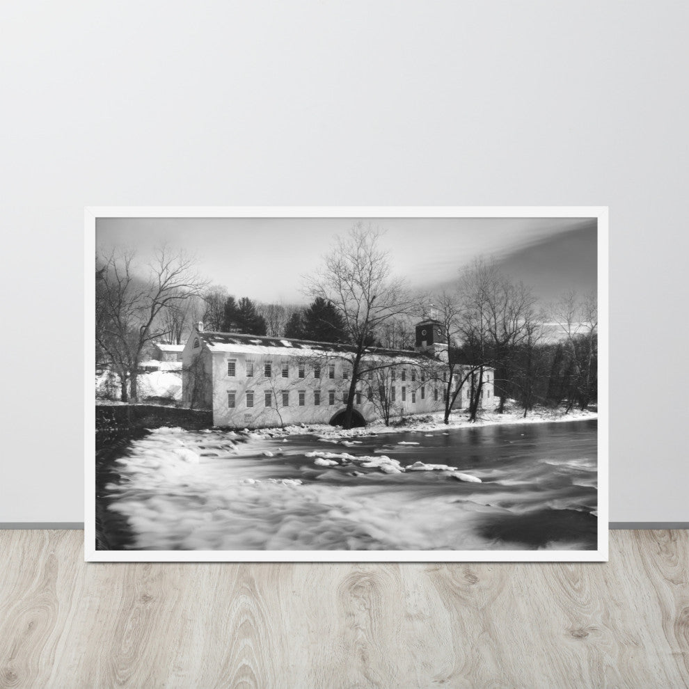 Winter at Powder Mill Rural Landscape Framed Photo Paper Wall Art Prints, White, 24" X 36"