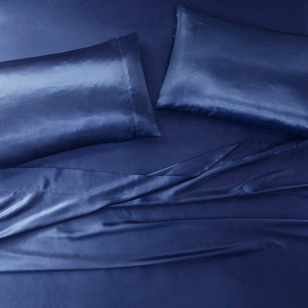 Madison Park Essentials Satin Luxury 6 PC Sheet Set, Navy