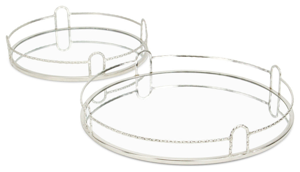 Mianzi Round Quilted Rim Silver Metal Trays (Set of 2)