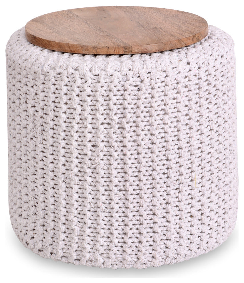 Loft Lyfe Marbella Ottoman, Hand Knitted, Wooden Tray, Cotton Yarn, White