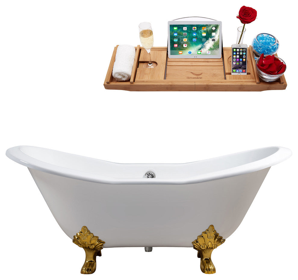 61" Cast Iron R5163GLD-CH Soaking Clawfoot Tub and Tray With External Drain
