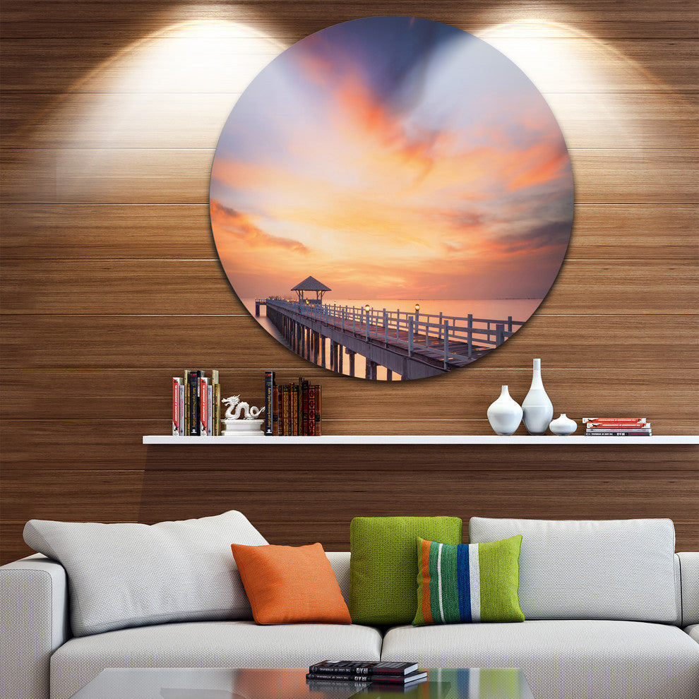 Infinite Wooden Bridge Under Clouds, Sea Bridge Disc Metal Artwork, 23"