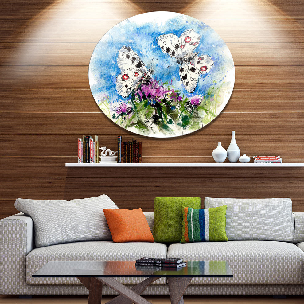 Apollo Butterflies Illustration On Blue, Floral Round Artwork, 38"