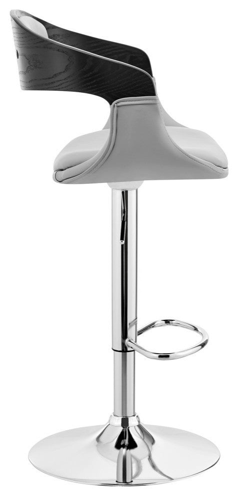 Benson Adjustable Faux Leather and Wood Bar Stool With Metal Base, Gray and Blac