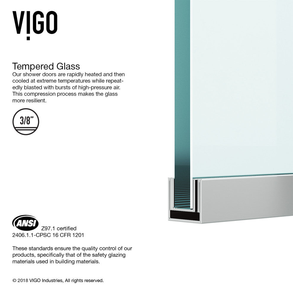 VIGO Zenith Frameless Fixed, Chrome, Shower Screen, 34" W X 74" H, Clear Glass
