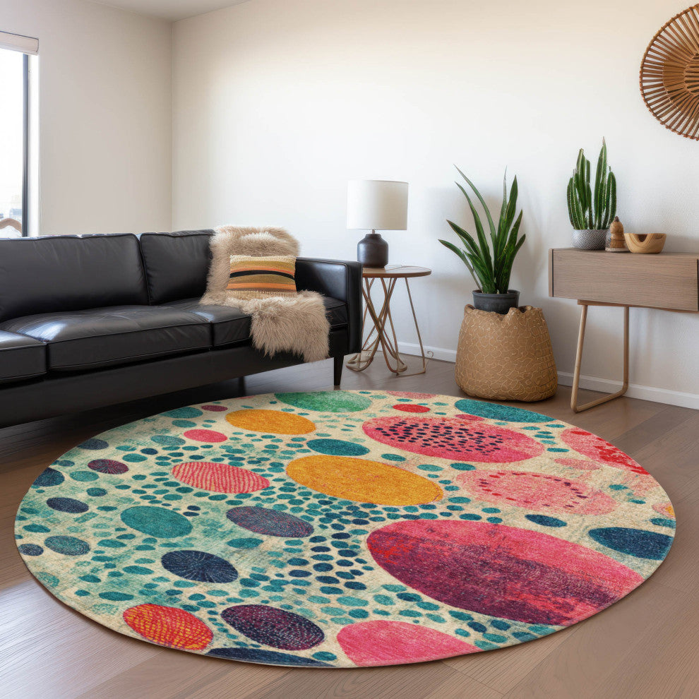 Machine Washable Indoor/Outdoor Chantille ACN1895 Teal 8' x 8' Round Rug