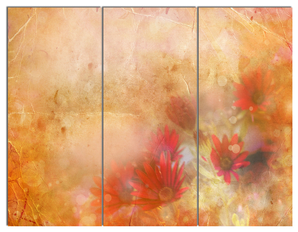 Red and Pink Flowers on Brown, Floral Triptych Canvas Artwork, 36x28, 3 Panels