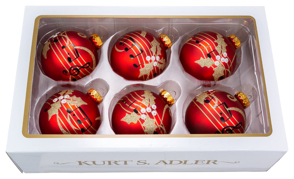 Kurt Adler 80MM Red With Music Notes Glass Ball Ornaments, 6-Piece Set