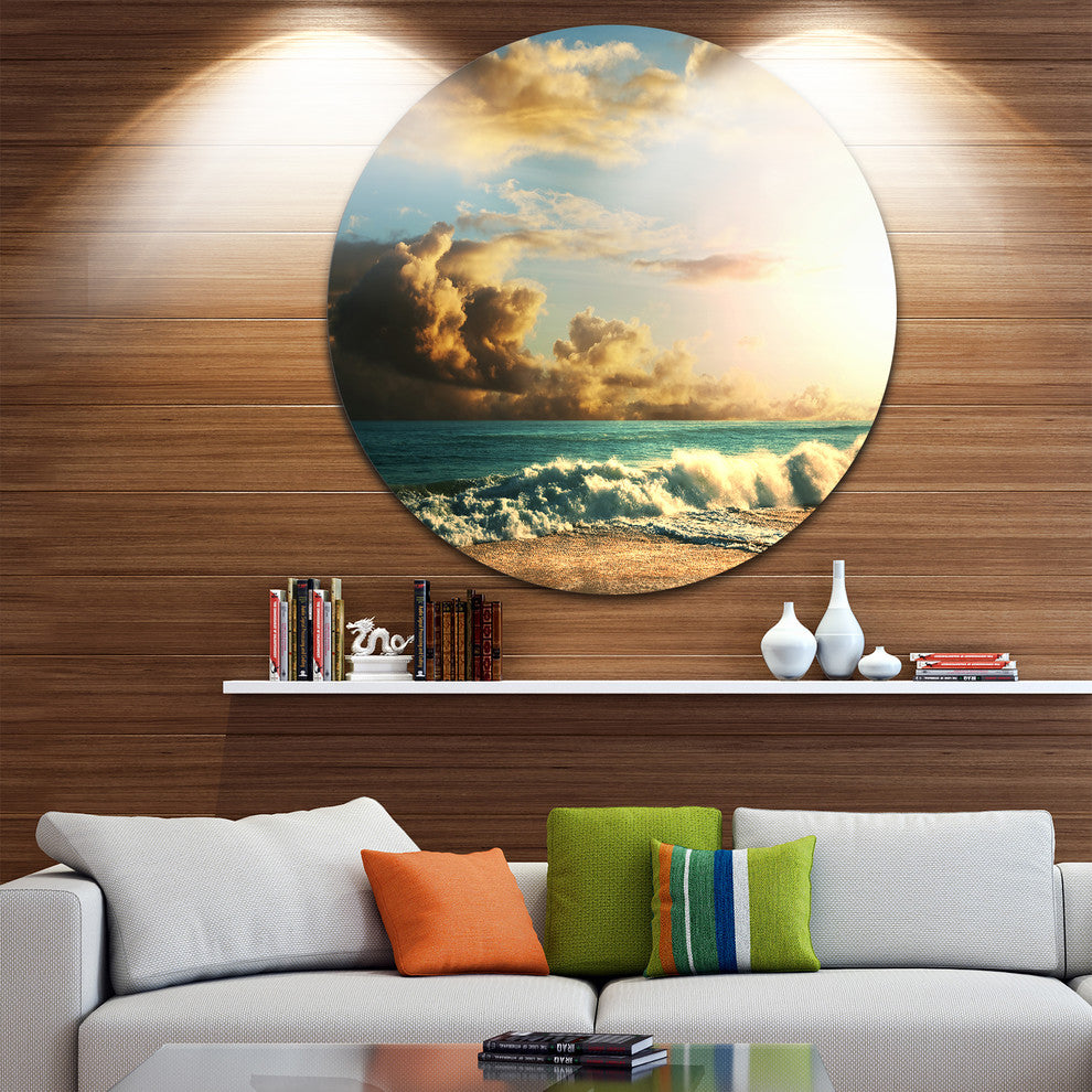 Green Sea Beach Under Cloudy Sky, Modern Beach Disc Metal Wall Art, 11"
