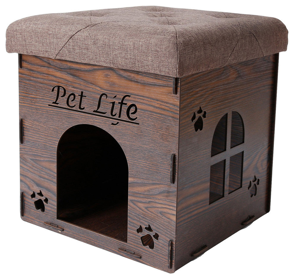 Foldaway Collapsible Designer Cat House Furniture Bench, Dark Wood