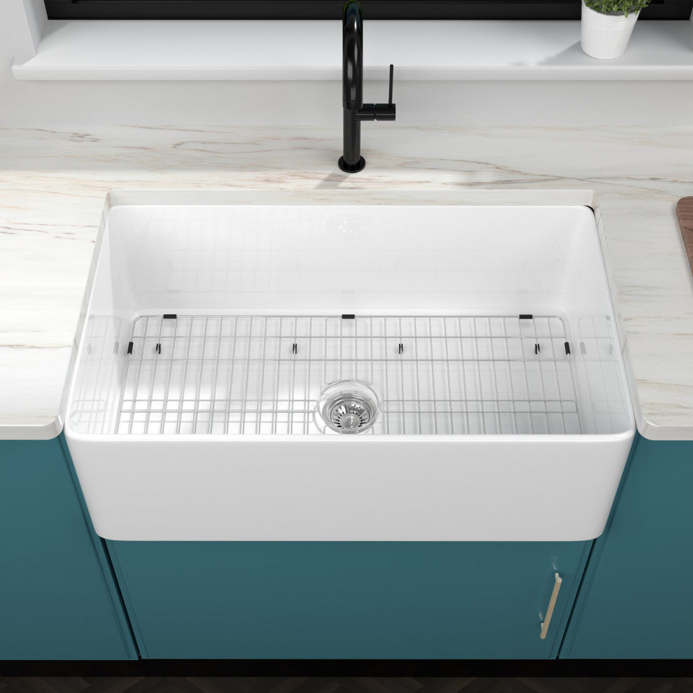 White Ceramic Single Bowl Farmhouse Apron Kitchen Sink with Sink Grid, 36"18"