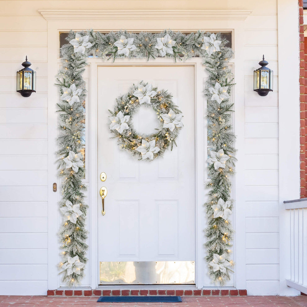 24"D Pre-Lit Snow Flocked Pine Poinsettia Christmas Wreath with 50 Lights