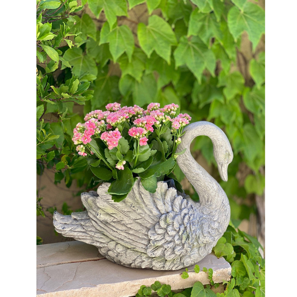 Urban Designs Swan Cast Stone Planter Garden Decor, Grey