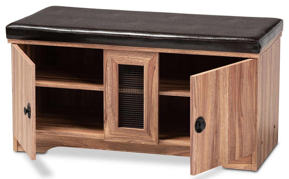 Modern Dark Brown Faux Leather Upholstered 2- Door Wood Shoe Storage Bench