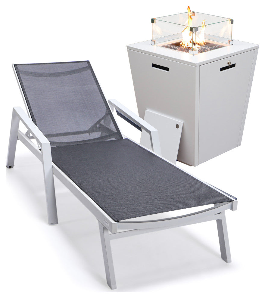 LeisureMod Marlin Chaise Lounge Chair With Arms and Fire Pit Table, Black