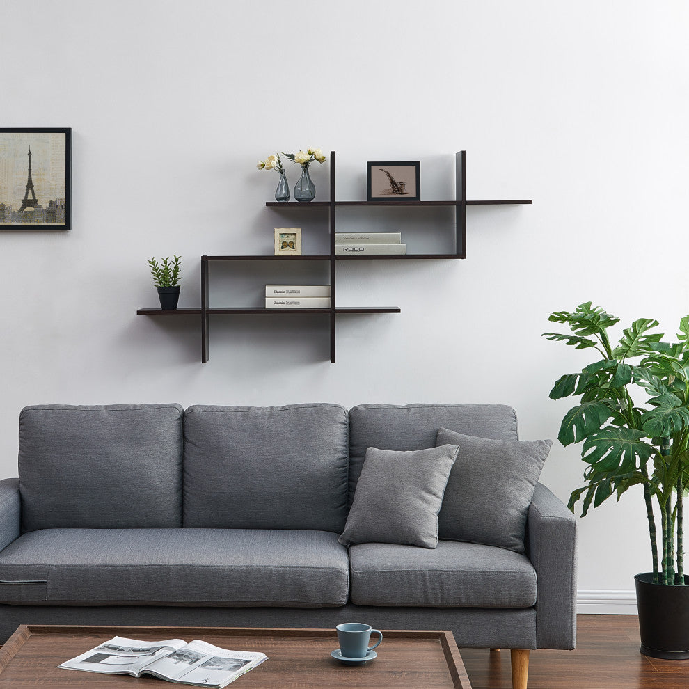Danya B. 3-Tier Modern Ladder Cantilever Cubby Accent Wall Shelf, Walnut