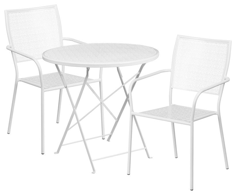 30'' Round Indoor-Outdoor Steel Patio Table and 2 Square Back Chairs, White