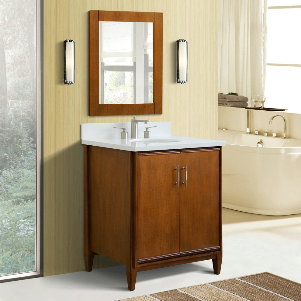 31" Single Sink Vanity, Walnut Finish, White Engineered Stone Top With Oval Sink
