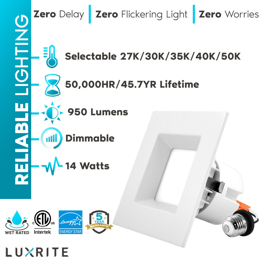 Luxrite 4" Square LED Recessed Light 14W 5 Color Option 12 Pack