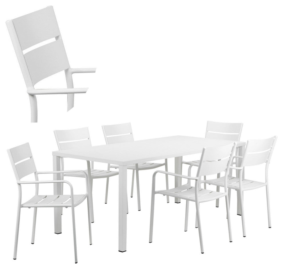 Benzara BM287800 Outdoor Dining Table, Chairs Set, White, Plank Seat and Backs