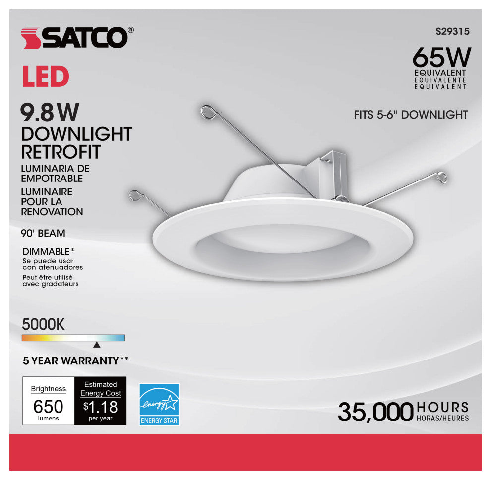9.8 Watt LED Downlight Retrofit - 5 - 6" - 5000K - 120 Volt