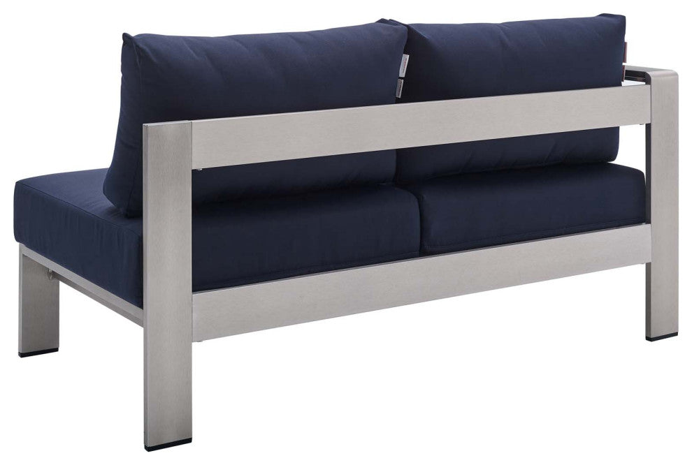 Sectional Sofa Chair Table Set, Sunbrella, Aluminum, Silver Blue Navy, Outdoor