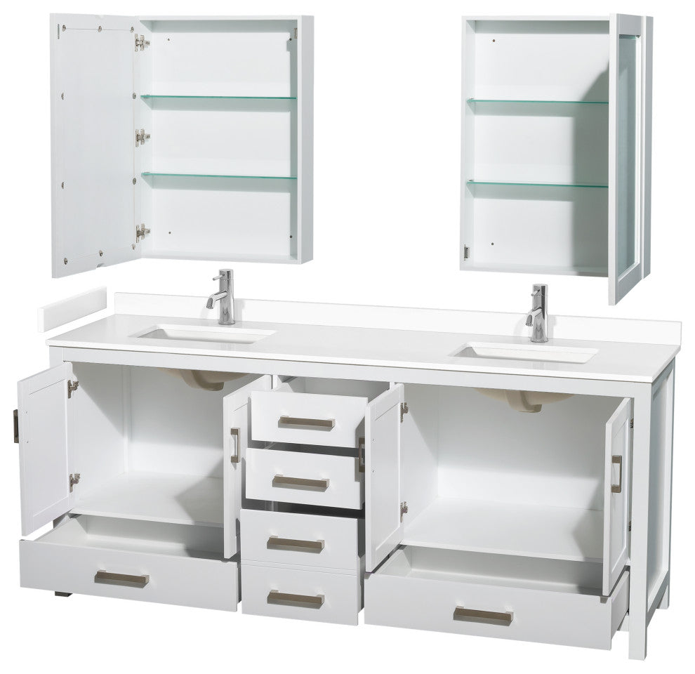 80"DBL Bathroom Vanity White, White Cult. Marble Countertop, Sinks, Med.Cabinets