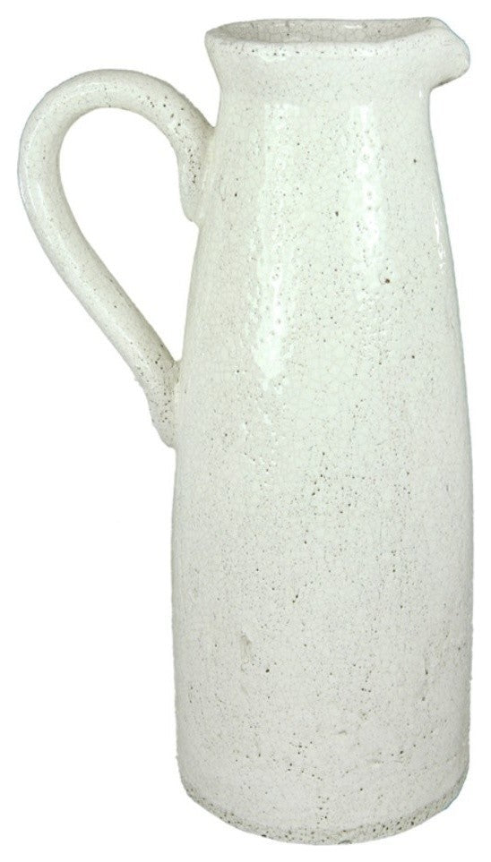Terracotta Pitcher Vase With Handle, White