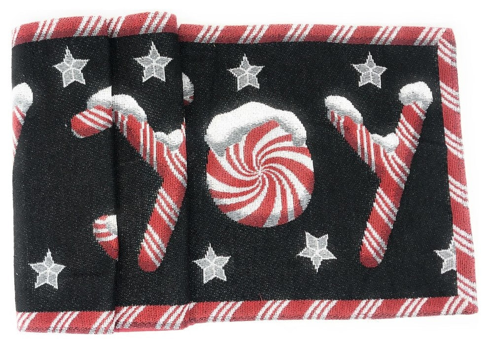 Peppermint Joy Table Runner, Holiday Red Black Stars Tapestry, 13" X 90"