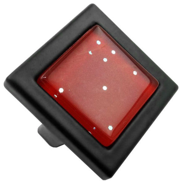 Red Iridescent Dots Crystal Glass Black Metal Square Manor Knob