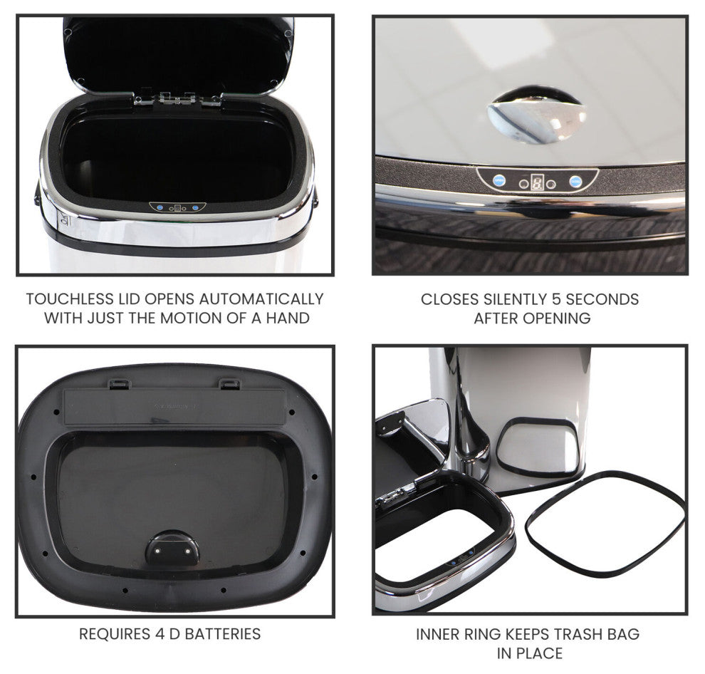50-Liter / 13.2-Gallon Trash Can With Sensor Lid, Mirrored Stainless Steel