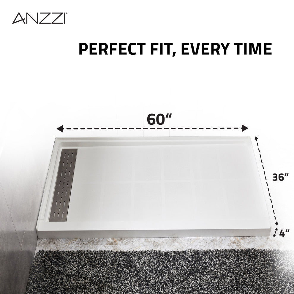 ANZZI 60x36 in. Corner Shower Base, Left Drain, Glossy White Marine Acrylic