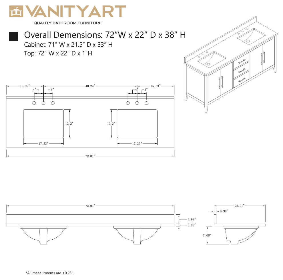Vanity Art Bathroom Vanity With Sink, Driftwood Gray, 72", Double Sink, Brushed Nickel