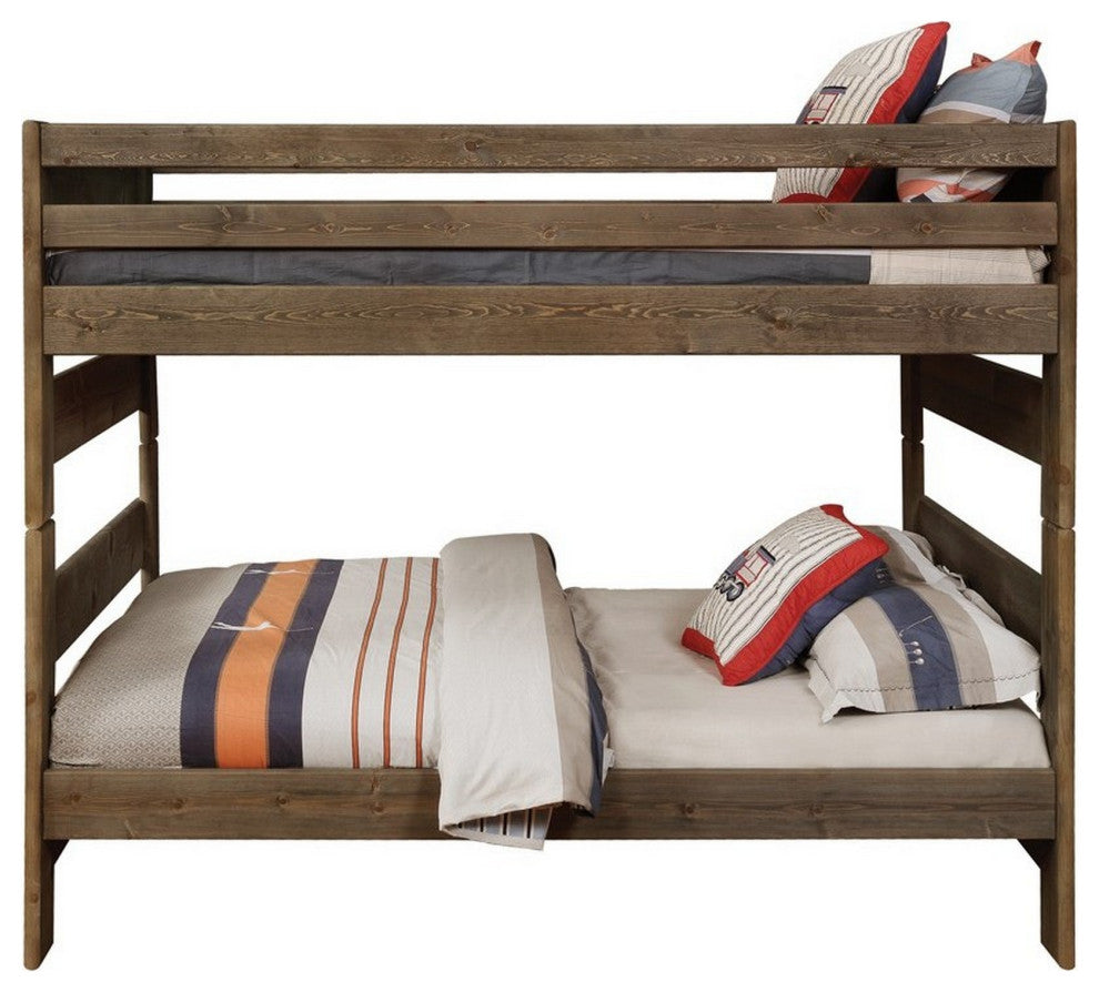 Benzara BM215916 Transitional Wooden Full Over Full Bunk Bed, Guard Rails, Brown