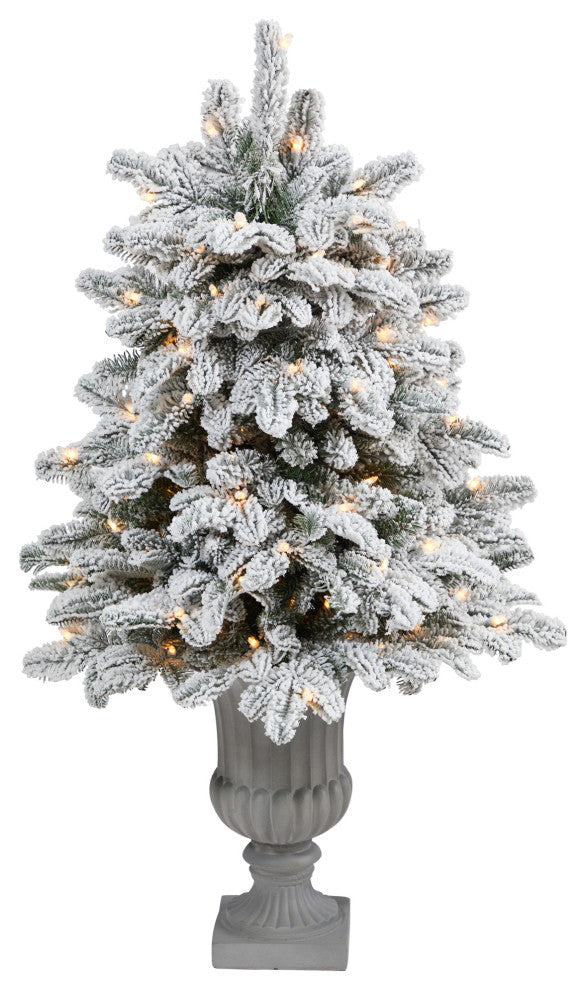 46" Flocked North Carolina Fir Faux Xmas Tree W/Lights & Bendable Branches, Urn