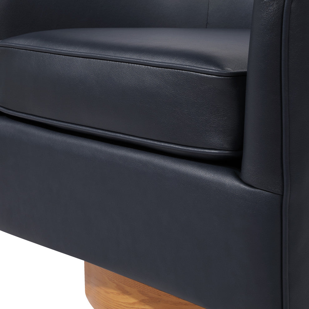 Irving Faux Leather Wood Base Barrel Swivel Chair, Midnight Blue