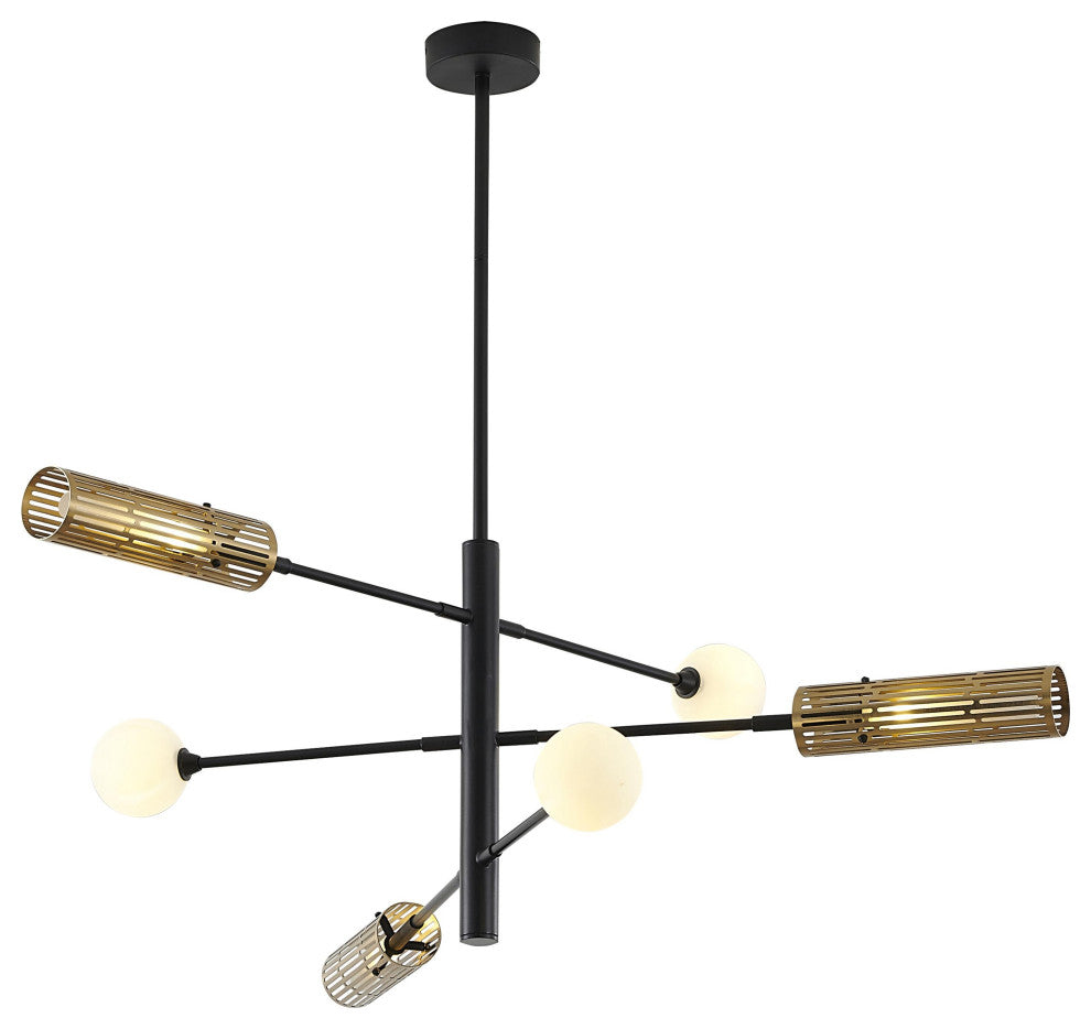 6-Light  Black And Gold Chandelier With White Glass Shades